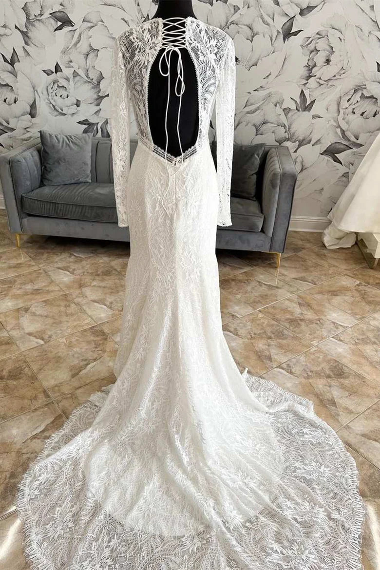 Vestido de novia sirena de manga larga con encaje, escote en V y espalda con cordones